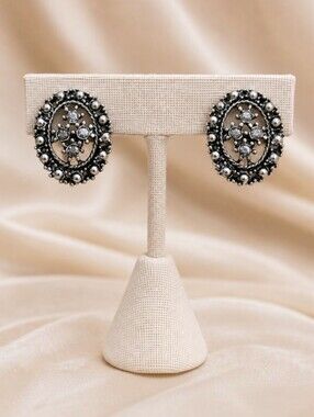 Vintage Oval Silver Marcasite Rhinestone Stud Earrings